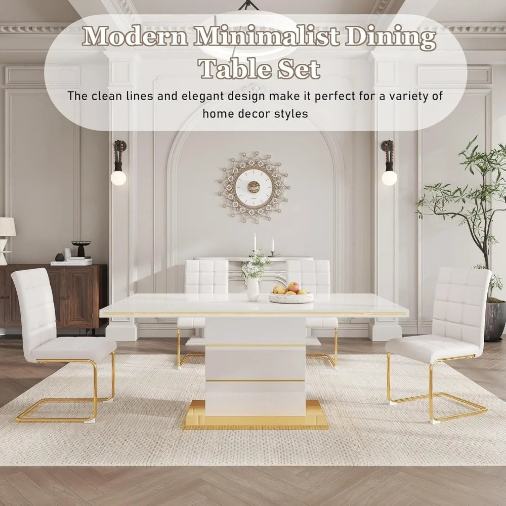 5-Piece Dining Table Set, Modern Dining Room Set with 63" White High Gloss Kitchen Table and 4 PU Leather Upholstered Chairs