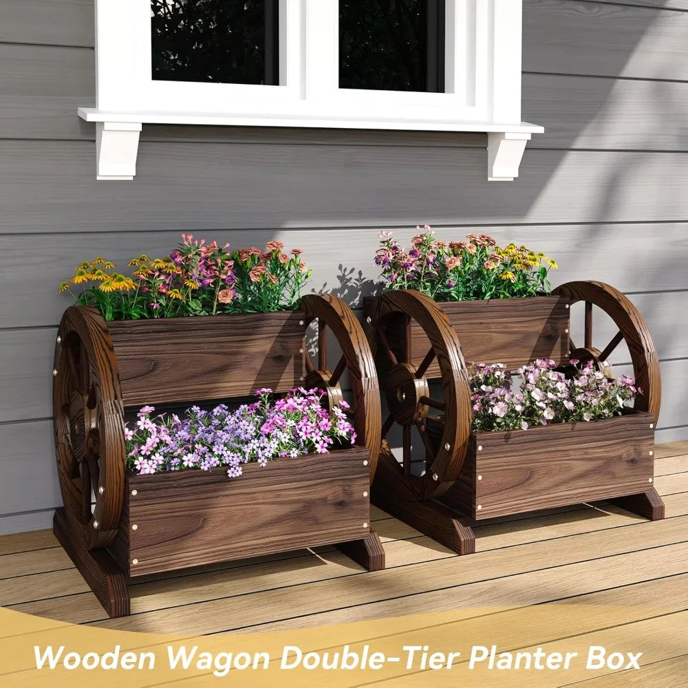 Wooden Wheelbarrow Flower Pot, Three Tier Outdoor Plant Pot, Outdoor Garden Decoration, Herb Cart with Rustic Wooden Wheels
