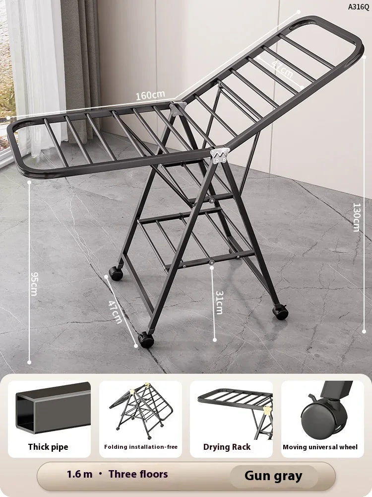 Folding Floor-standing Clothes Drying Rack for Home Bedroom Balcony Hanging Clothes Quilt Hanging Rod Foldable Storage