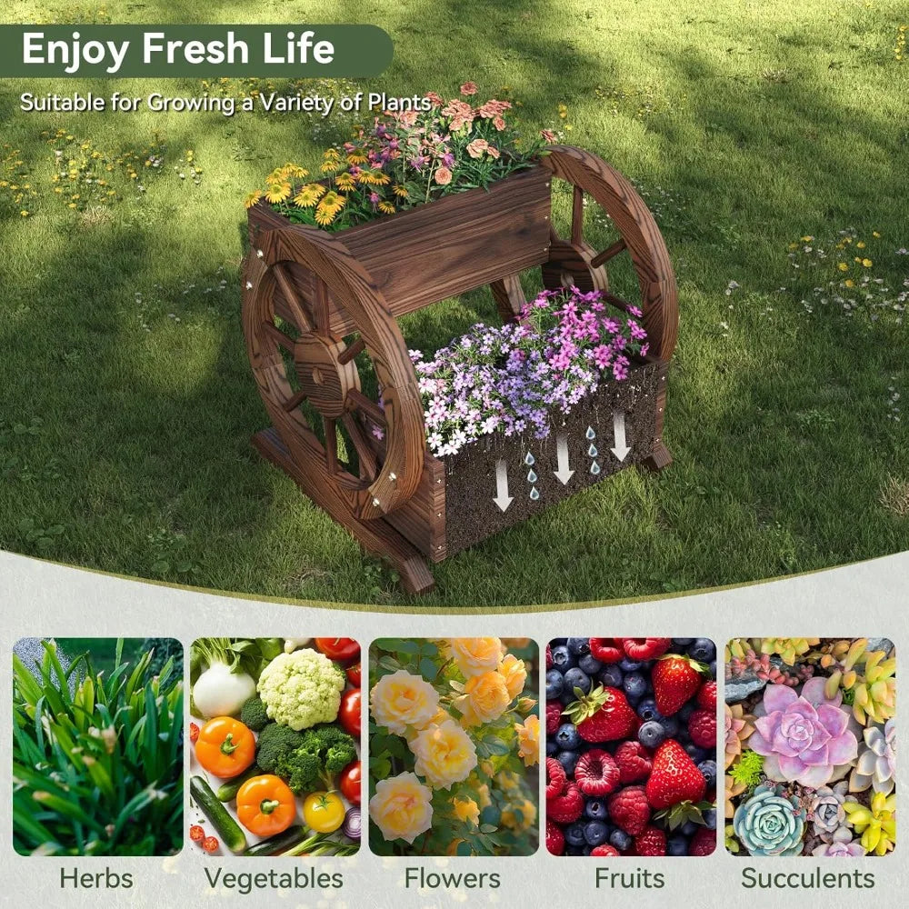 Wooden Wheelbarrow Flower Pot, Three Tier Outdoor Plant Pot, Outdoor Garden Decoration, Herb Cart with Rustic Wooden Wheels