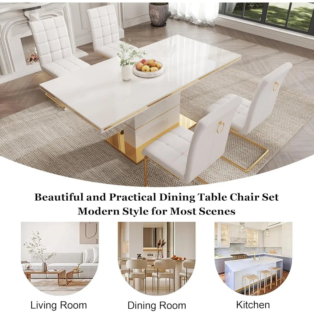 5-Piece Dining Table Set, Modern Dining Room Set with 63" White High Gloss Kitchen Table and 4 PU Leather Upholstered Chairs