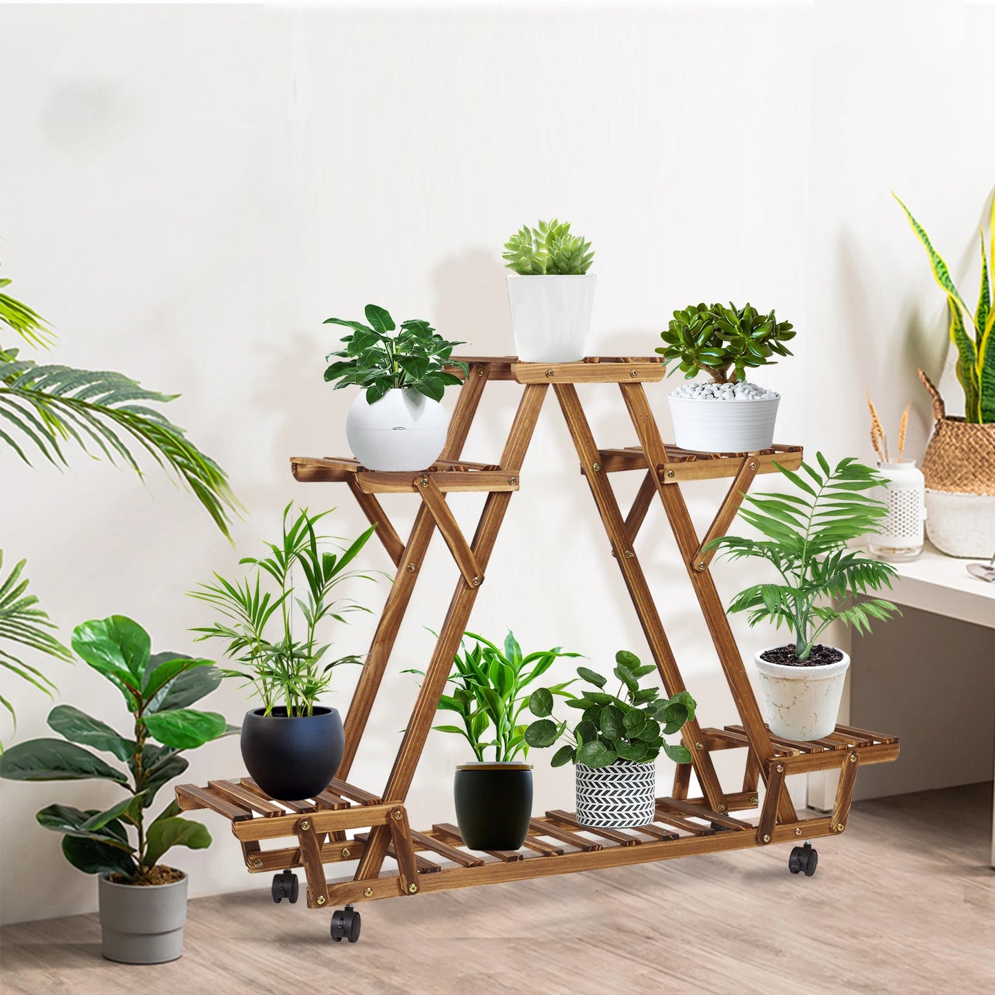 Movable Wood Flower Pot Stand Triangular Plant Display Rack with Wheels