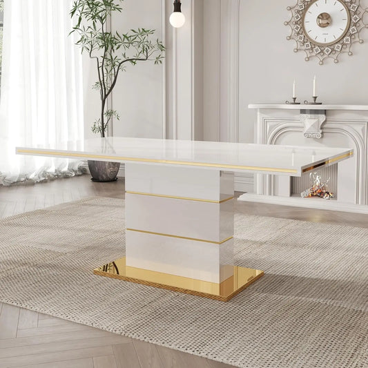 5-Piece Dining Table Set, Modern Dining Room Set with 63" White High Gloss Kitchen Table and 4 PU Leather Upholstered Chairs