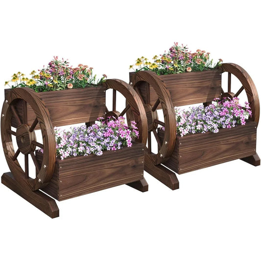 Wooden Wheelbarrow Flower Pot, Three Tier Outdoor Plant Pot, Outdoor Garden Decoration, Herb Cart with Rustic Wooden Wheels