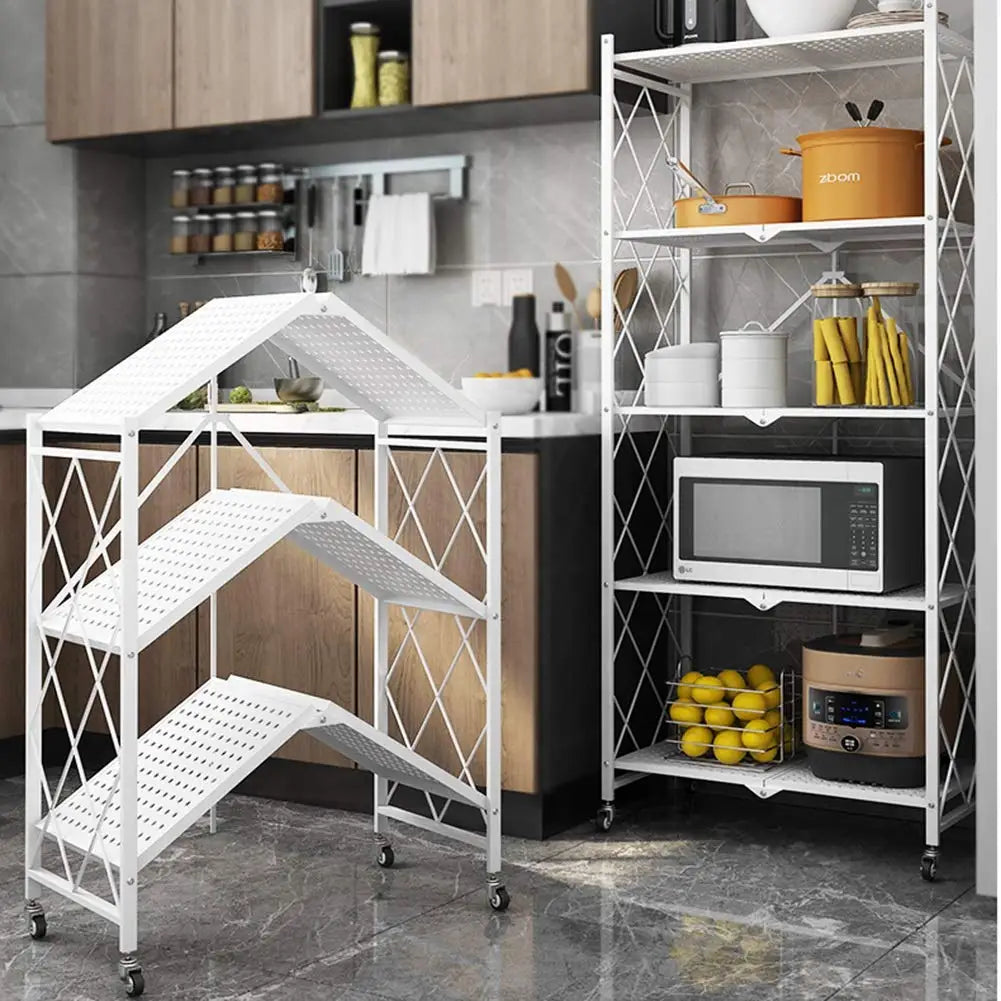 Foldable Display Stand Shelves Organizer Wide Folding Metal Shelf with Caster Wheels Kitchen Garage Units Storage Rack Holder