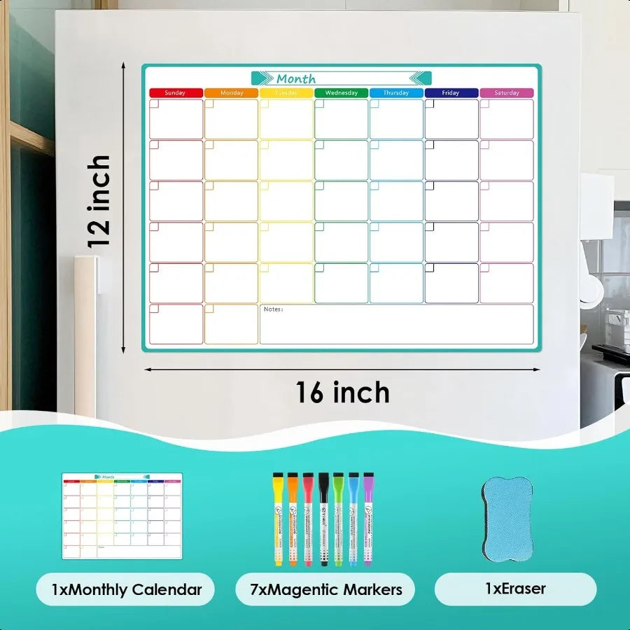 Monthly Magnetic Calendar for Fridge 16" X 12" Fridge Calendar Whiteboard Reusable Magnetic Dry Erase Calendar White Board  for