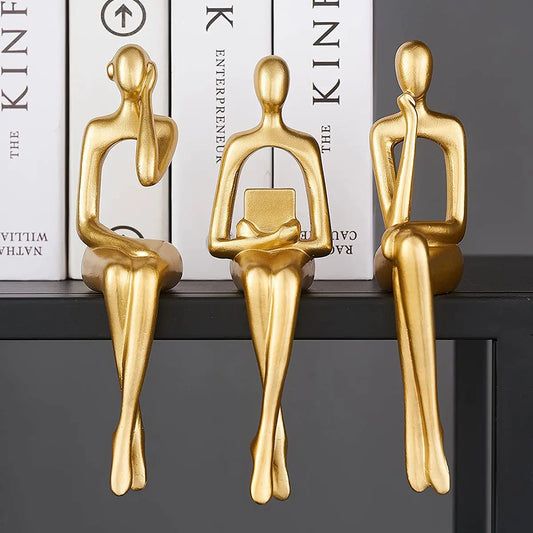 3pcs Abstract Figures Resin Statue Gold Thinker Sculpture
