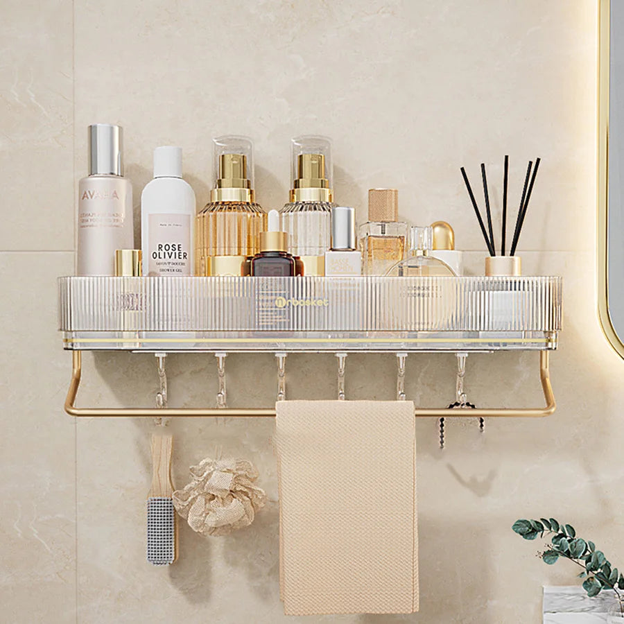 Wall Mounted Bathroom Wall Shelf with Towel Bar and 6 Hooks - Great for Bedroom Decor, Kitchen Storage , Bathroom Storage