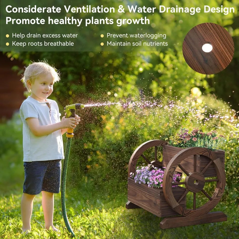 Wooden Wheelbarrow Flower Pot, Three Tier Outdoor Plant Pot, Outdoor Garden Decoration, Herb Cart with Rustic Wooden Wheels
