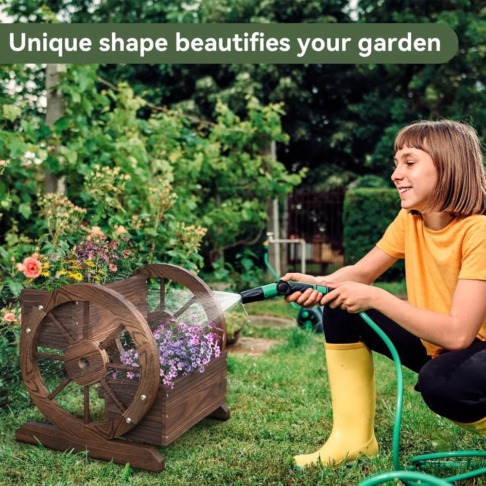 Wooden Wheelbarrow Flower Pot, Three Tier Outdoor Plant Pot, Outdoor Garden Decoration, Herb Cart with Rustic Wooden Wheels
