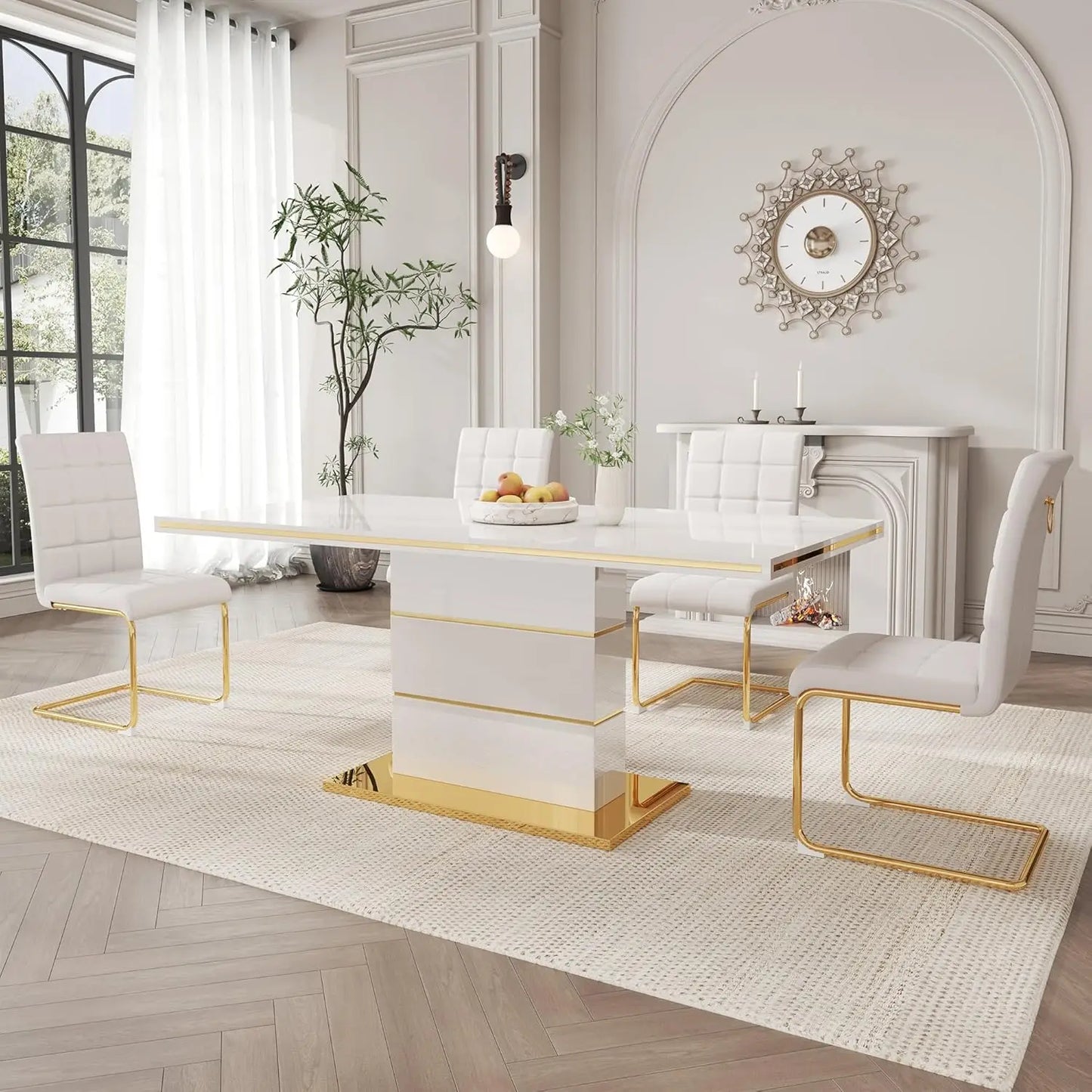 5-Piece Dining Table Set, Modern Dining Room Set with 63" White High Gloss Kitchen Table and 4 PU Leather Upholstered Chairs