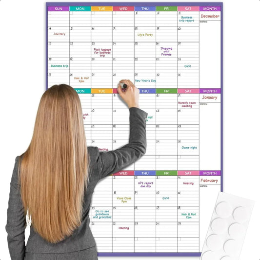 Large Dry Erase Calendar For Wall Undated 3 Month Calendar 28'' x 40'' Erasable and Reusable Laminated White Board With 8 Round