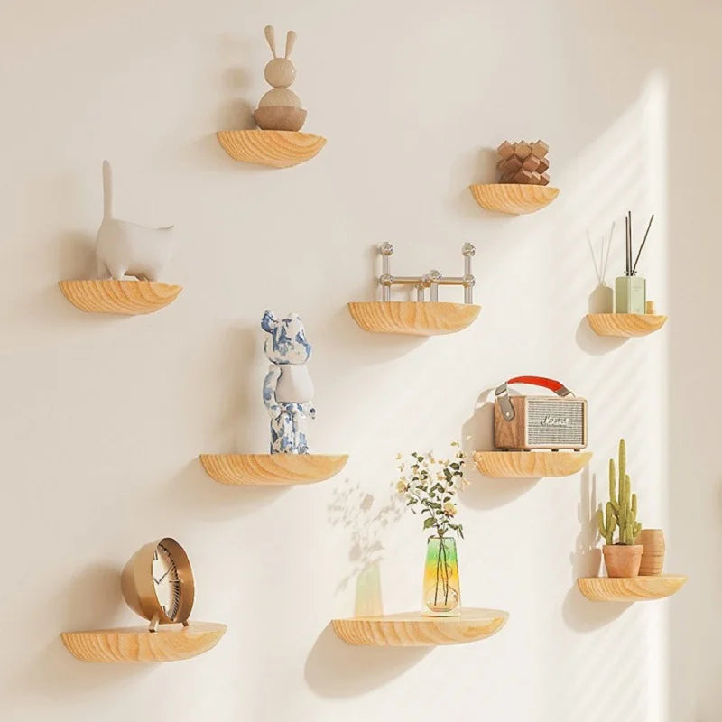 Solid Wood Partition Wall Rack Shelf Perforated Semicircular Decor Wall-Mounted Living Room Background Floating Projector Rack