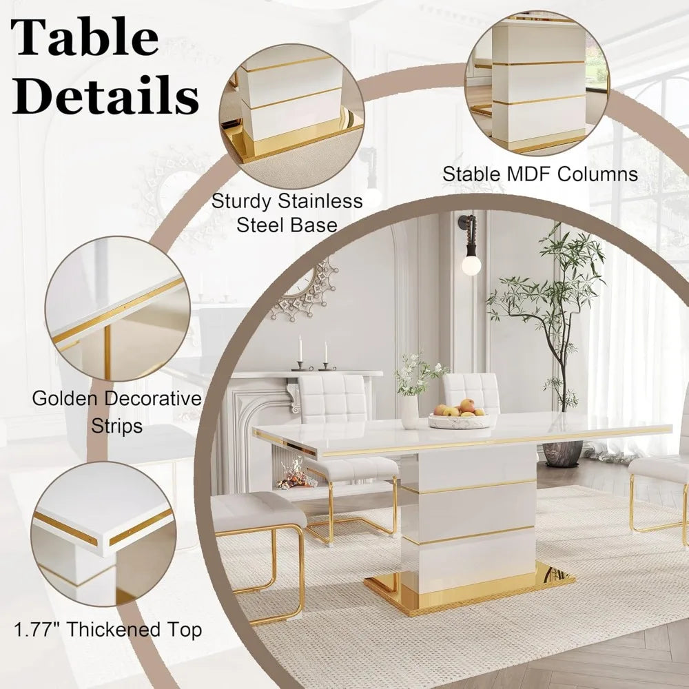 5-Piece Dining Table Set, Modern Dining Room Set with 63" White High Gloss Kitchen Table and 4 PU Leather Upholstered Chairs