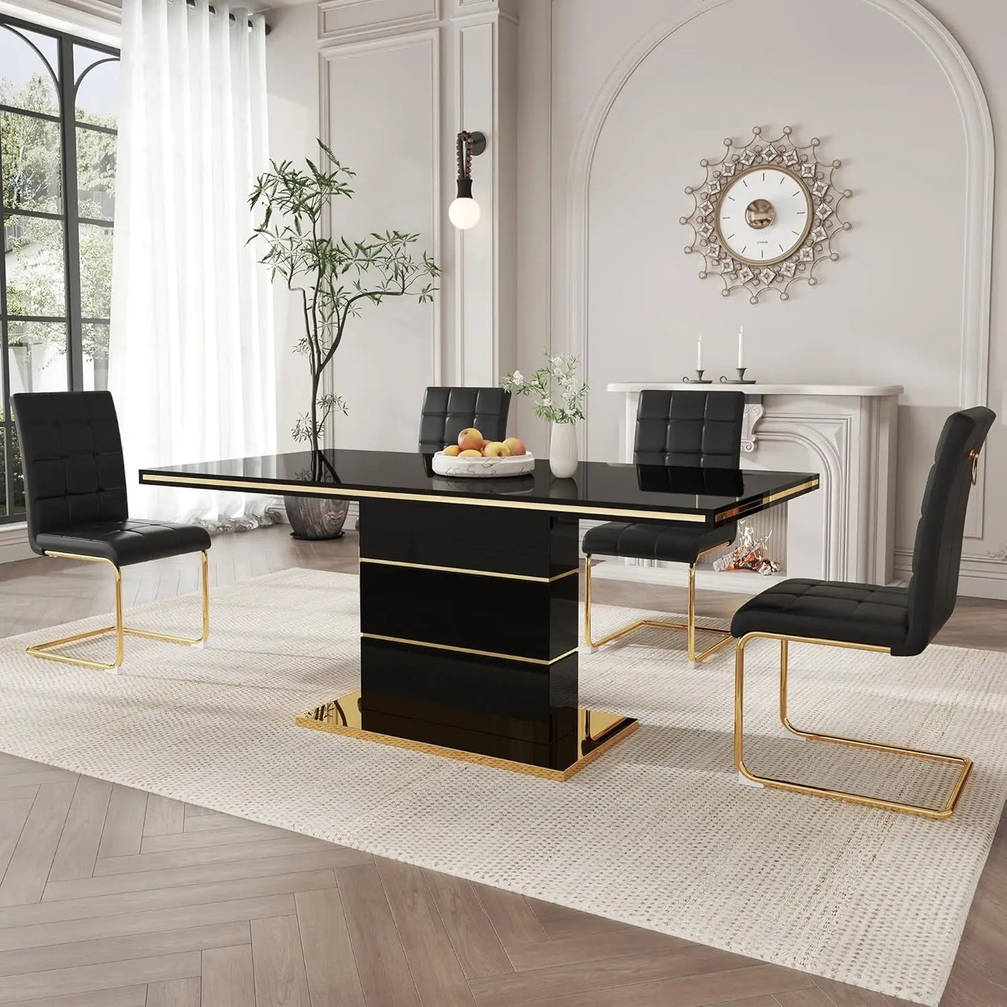 5-Piece Dining Table Set, Modern Dining Room Set with 63" White High Gloss Kitchen Table and 4 PU Leather Upholstered Chairs