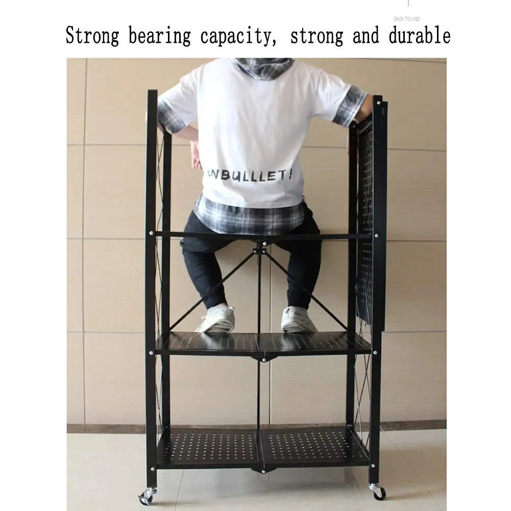 Foldable Display Stand Shelves Organizer Wide Folding Metal Shelf with Caster Wheels Kitchen Garage Units Storage Rack Holder