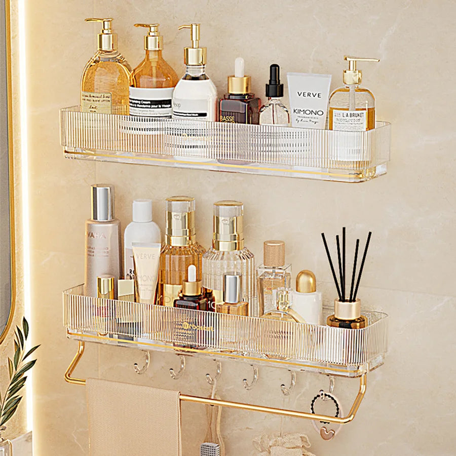 Wall Mounted Bathroom Wall Shelf with Towel Bar and 6 Hooks - Great for Bedroom Decor, Kitchen Storage , Bathroom Storage