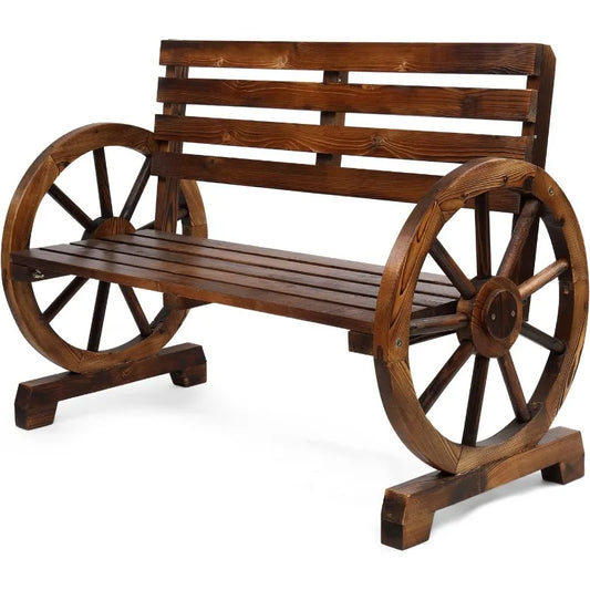 41" Rustic Wooden Wheel Bench Outdoor Bench,2-Person Patio Bench Wagon Slatted Seat,Garden Benches Outdoors 350lbs High Capacity