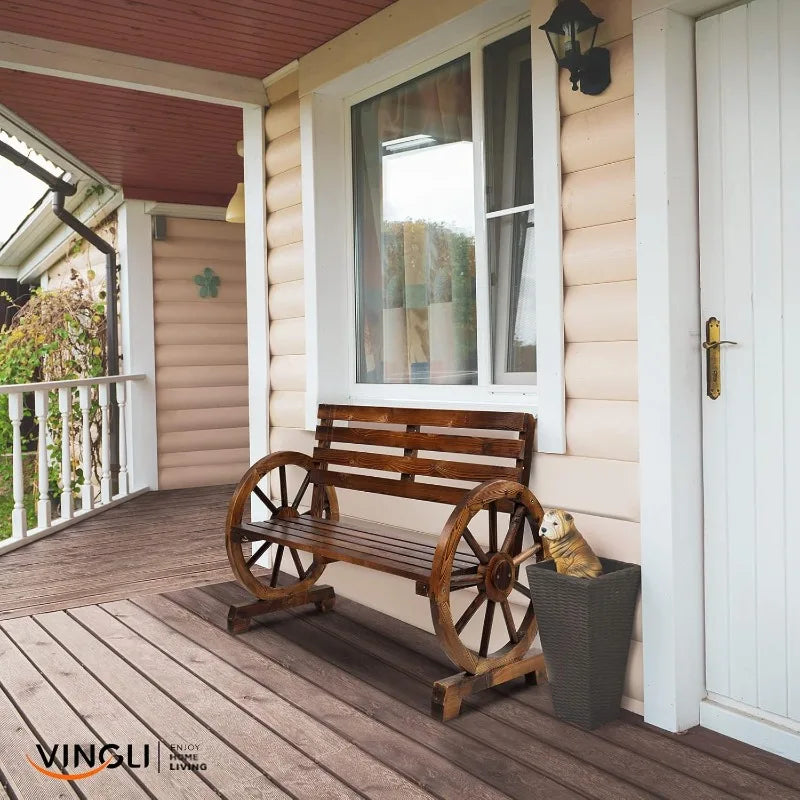 41" Rustic Wooden Wheel Bench Outdoor Bench,2-Person Patio Bench Wagon Slatted Seat,Garden Benches Outdoors 350lbs High Capacity
