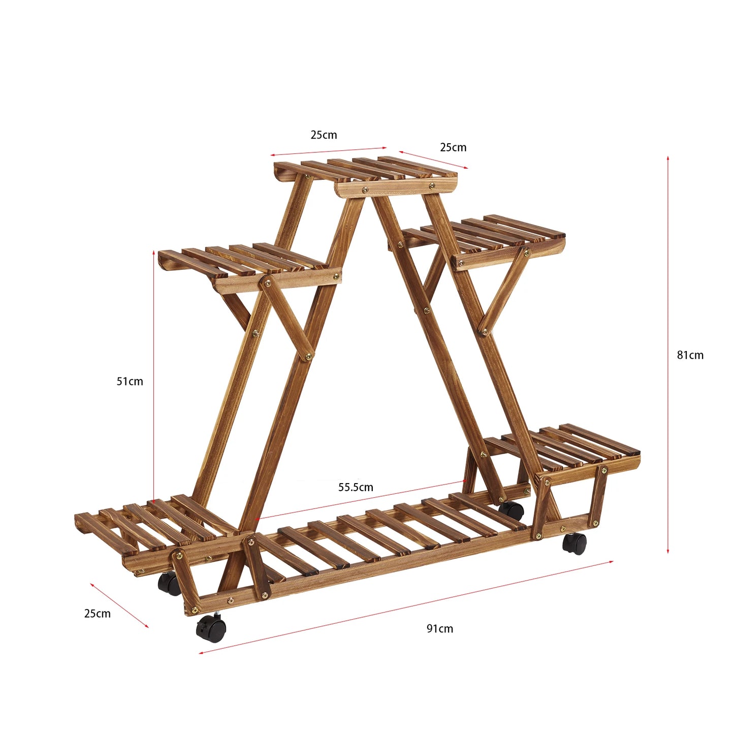 Movable Wood Flower Pot Stand Triangular Plant Display Rack with Wheels