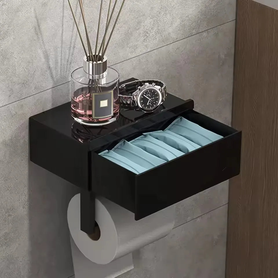 1pc Sleek Black Wall - Mounted Toilet Paper Holder with Shelf - No - Drill, Durable Bathroom Organizer for Essentials