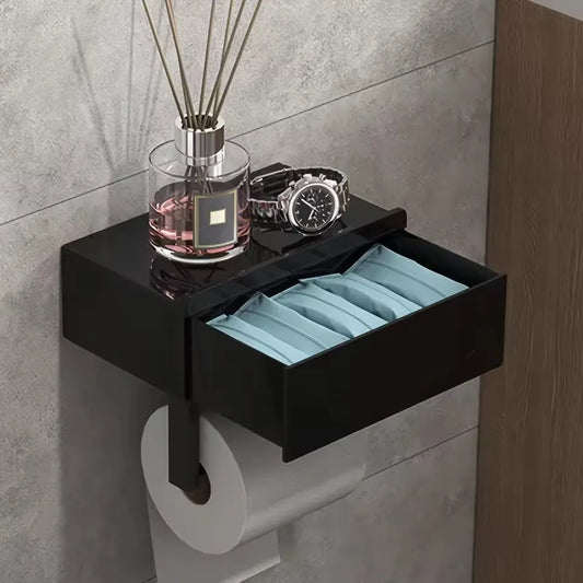 1pc Sleek Black Wall - Mounted Toilet Paper Holder with Shelf - No - Drill, Durable Bathroom Organizer for Essentials