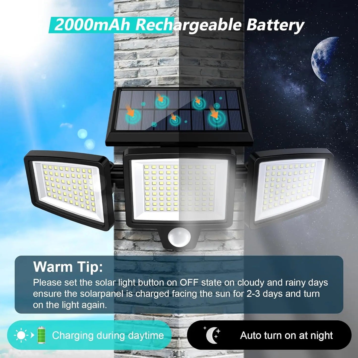 Waterproof Triple Head Outdoor Solar Light (210LED 2500LM Motion Sensor Safety Light)