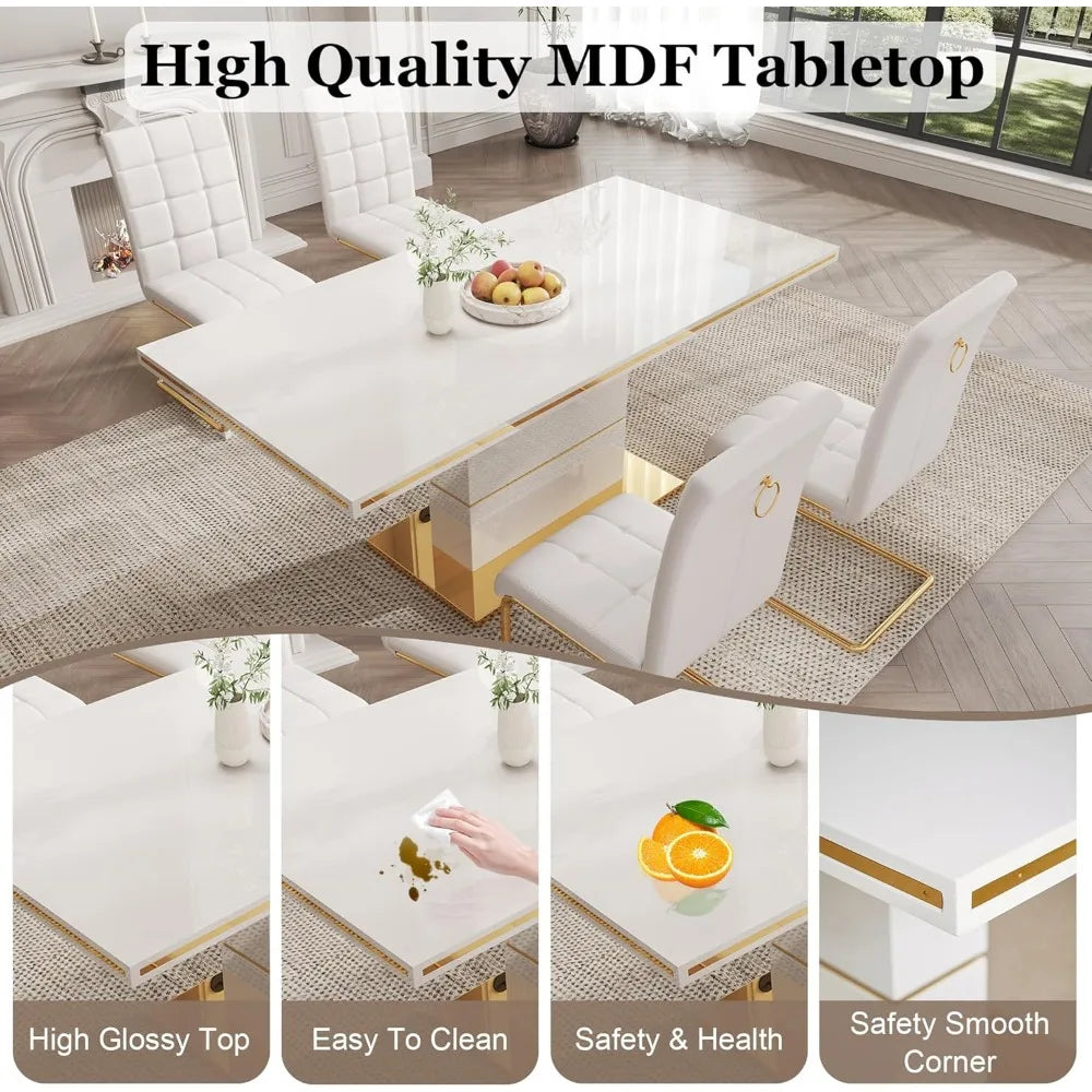 5-Piece Dining Table Set, Modern Dining Room Set with 63" White High Gloss Kitchen Table and 4 PU Leather Upholstered Chairs