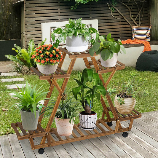 Movable Wood Flower Pot Stand Triangular Plant Display Rack with Wheels