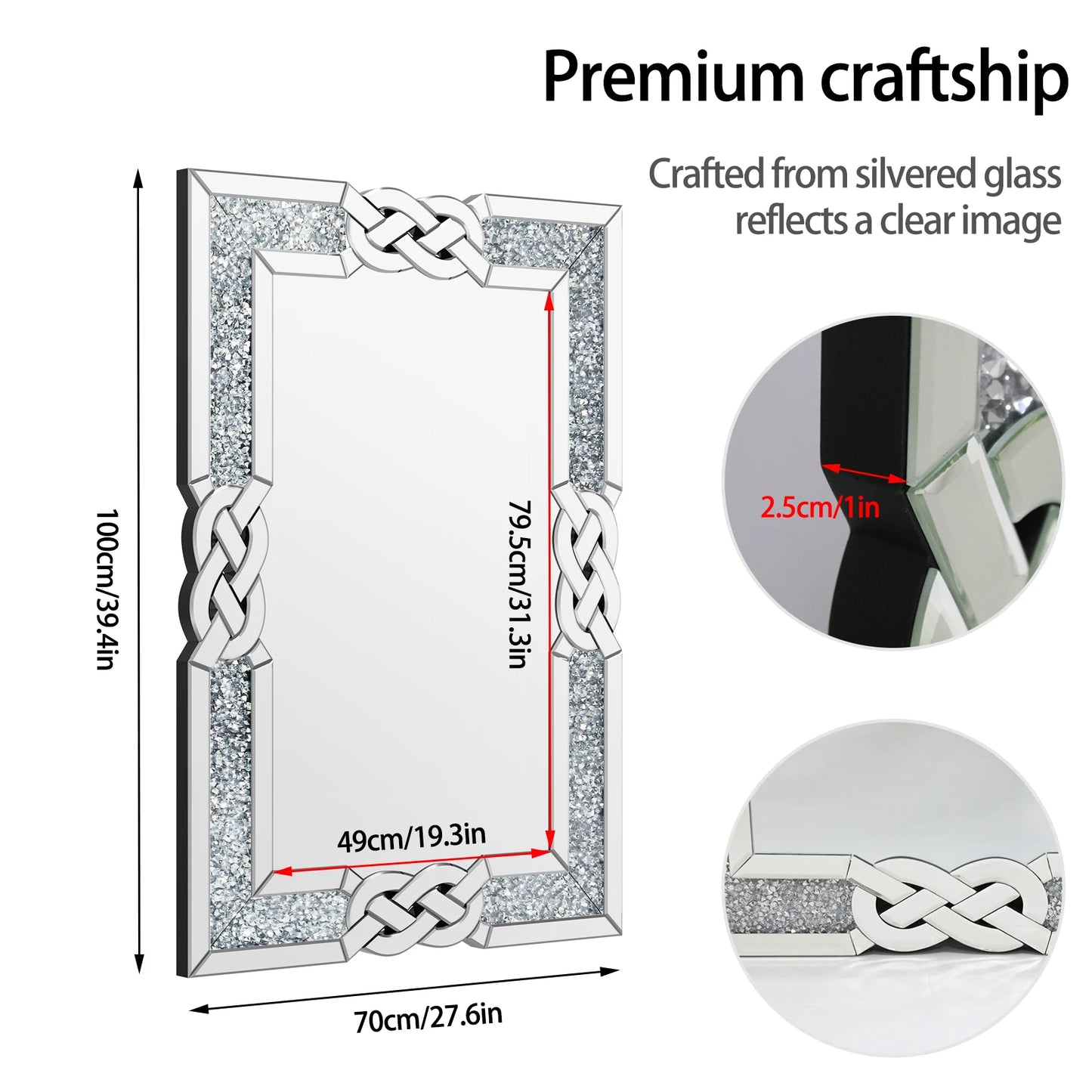 Large Crystal Crush Diamond Mirror Vanity Silver 90/100/120CM