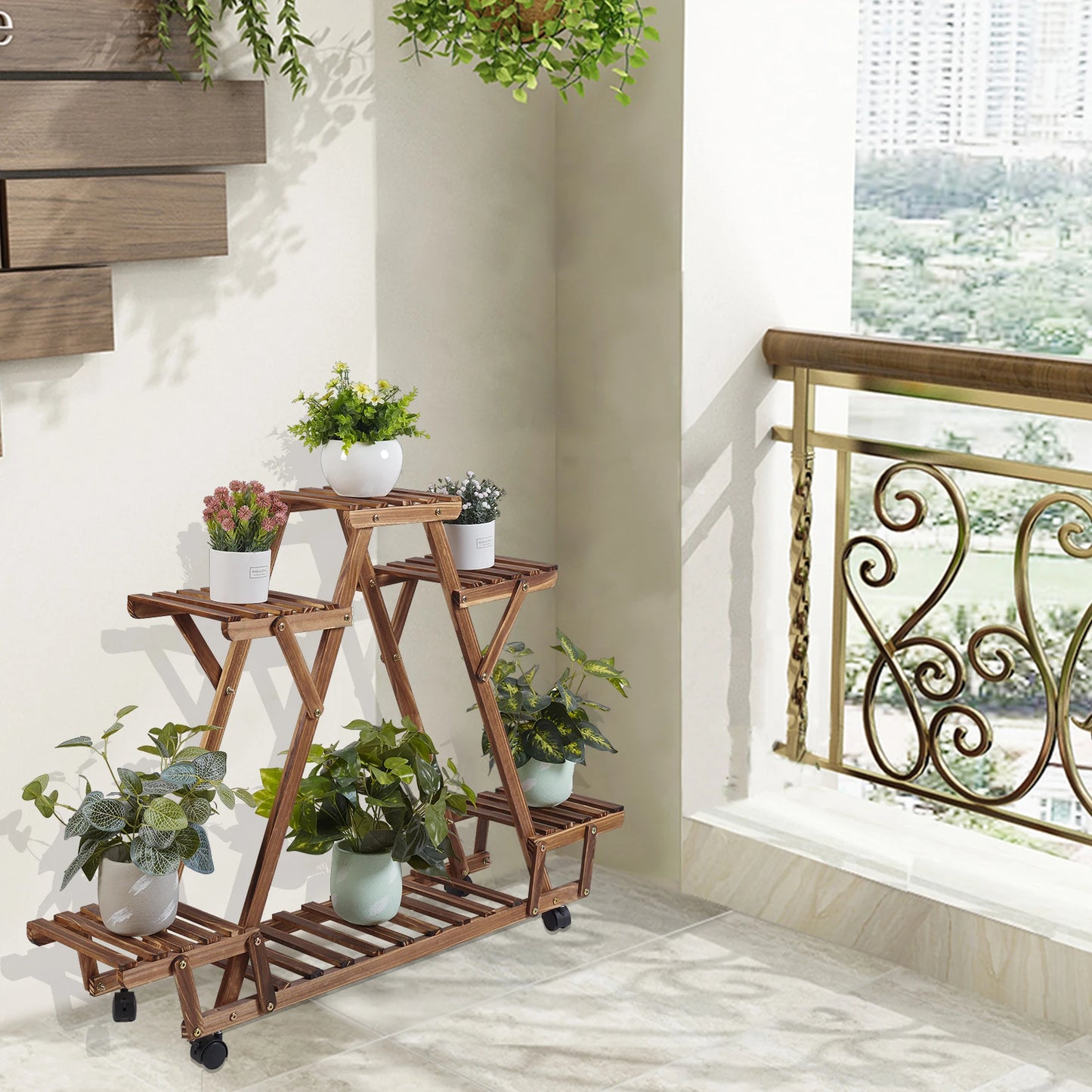 Movable Wood Flower Pot Stand Triangular Plant Display Rack with Wheels