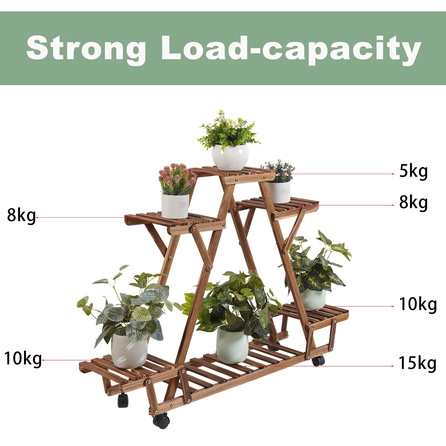 Movable Wood Flower Pot Stand Triangular Plant Display Rack with Wheels