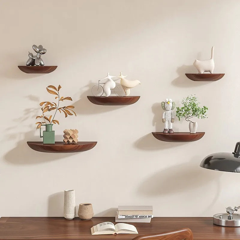 Solid Wood Partition Wall Rack Shelf Perforated Semicircular Decor Wall-Mounted Living Room Background Floating Projector Rack
