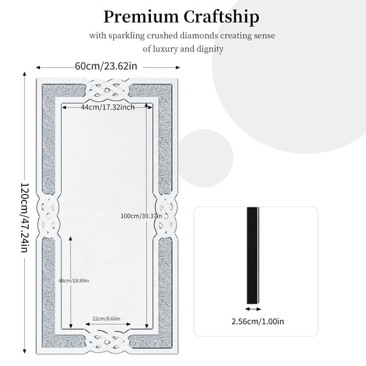 Large Crystal Crush Diamond Mirror Vanity Silver 90/100/120CM