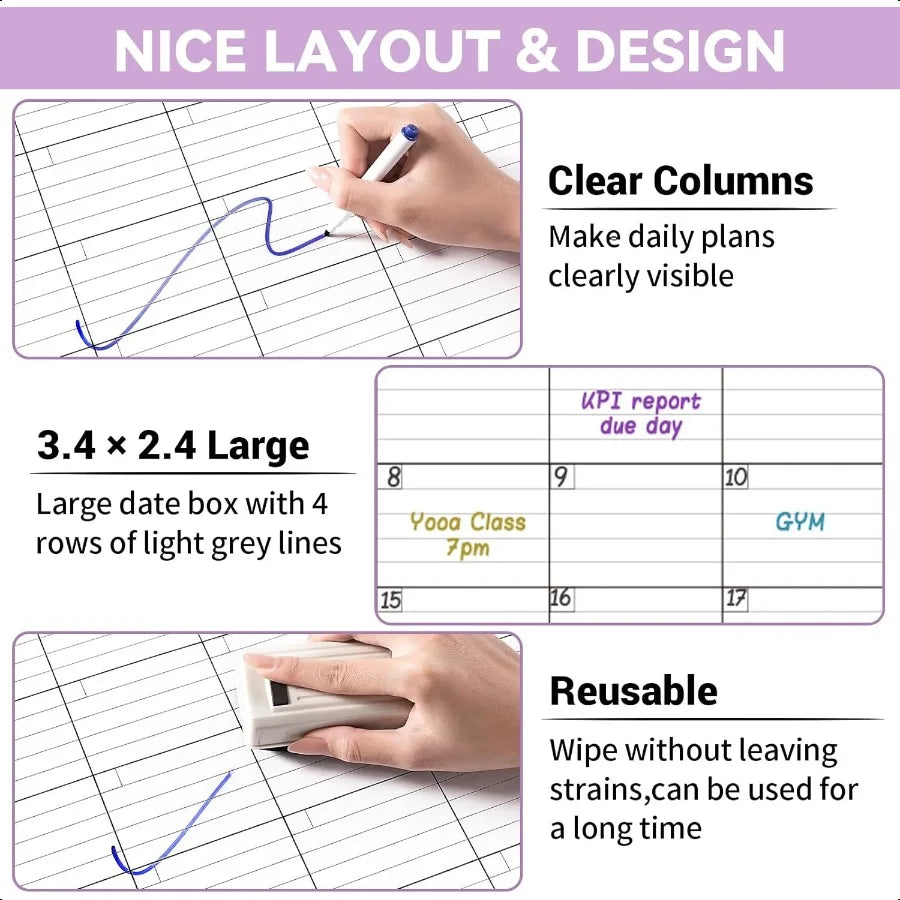 Large Dry Erase Calendar For Wall Undated 3 Month Calendar 28'' x 40'' Erasable and Reusable Laminated White Board With 8 Round