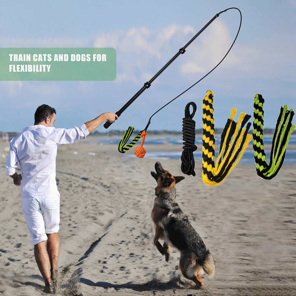 Extendable Flirt Pole Interactive Dog Toy Chase, Drag, Chew for Exercise Entertainment