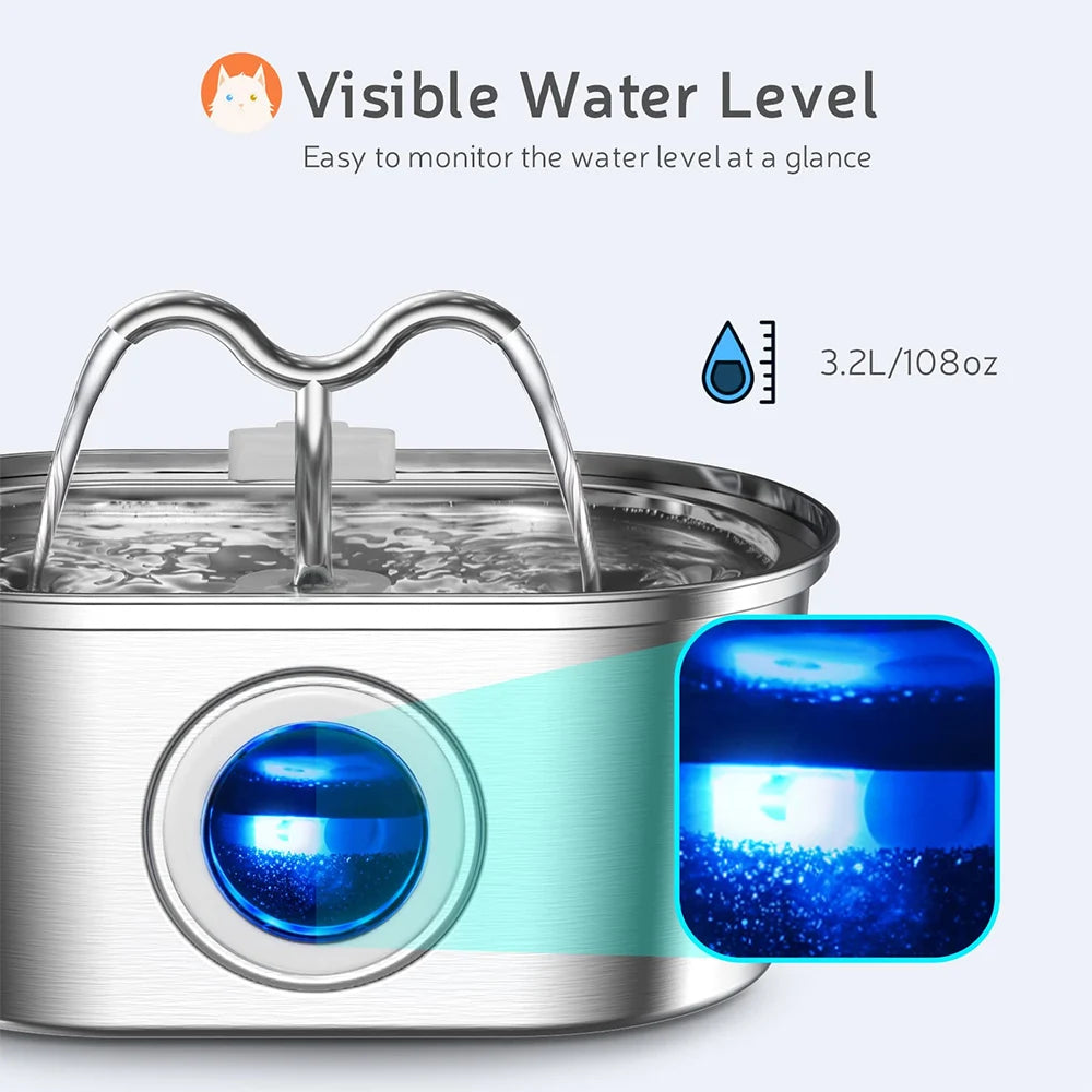 3.2L stainless steel pet water dispenser - a quiet filter pump powered by USB, smart drinking fountain for cats and dogs