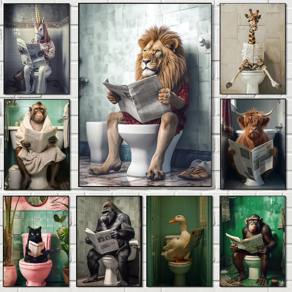 Funny Bathroom Humorous Animal Poster Self-adhesive Art Waterproof Paper Sticker Coffee House Bar Room Wall Decor
