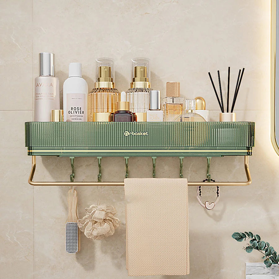 Wall Mounted Bathroom Wall Shelf with Towel Bar and 6 Hooks - Great for Bedroom Decor, Kitchen Storage , Bathroom Storage