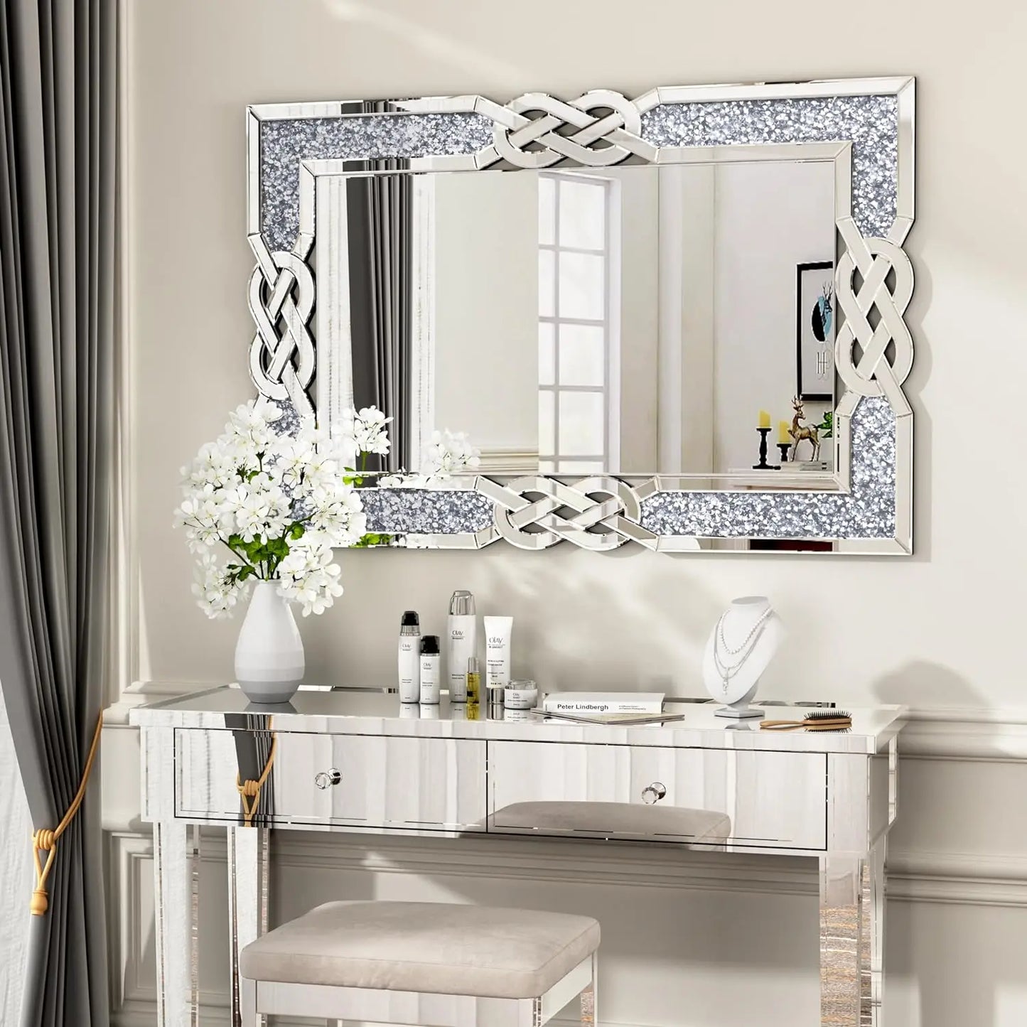 Large Crystal Crush Diamond Mirror Vanity Silver 90/100/120CM