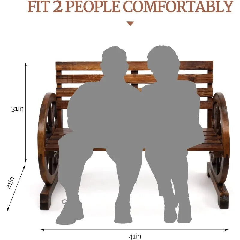 41" Rustic Wooden Wheel Bench Outdoor Bench,2-Person Patio Bench Wagon Slatted Seat,Garden Benches Outdoors 350lbs High Capacity