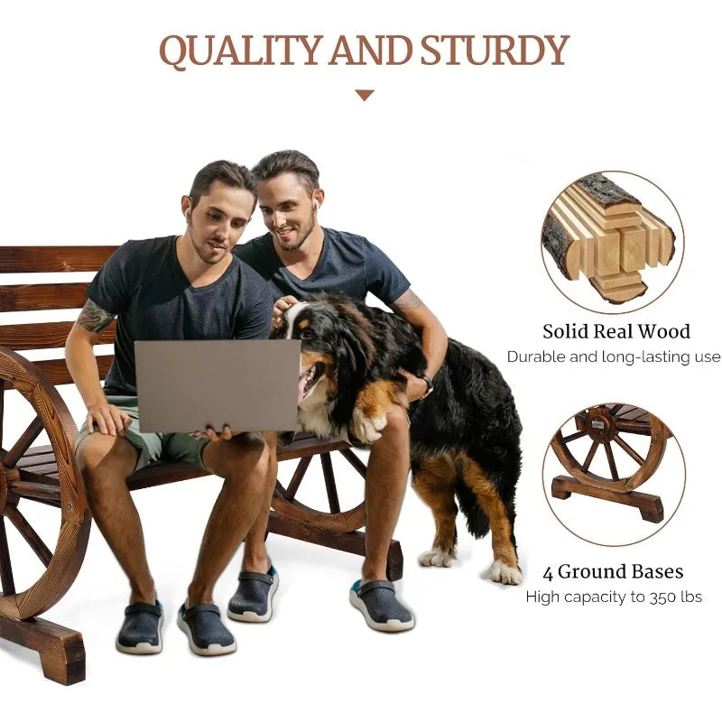 41" Rustic Wooden Wheel Bench Outdoor Bench,2-Person Patio Bench Wagon Slatted Seat,Garden Benches Outdoors 350lbs High Capacity