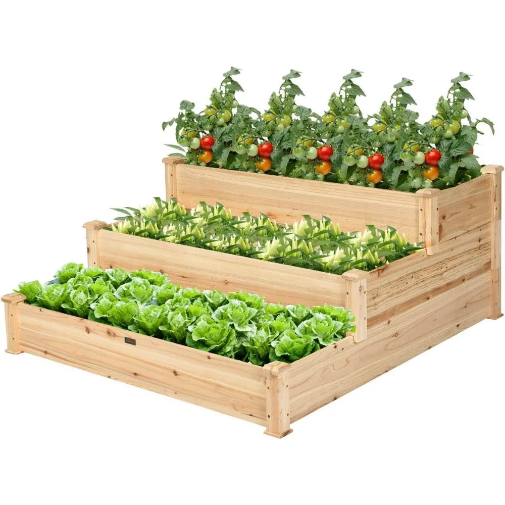 Giantex 3 Tier Raised Garden Bed, Outdoor Planter Box Vegetable Flowers Growing Box, Elevated Raised Bed Kit, Wood Planting Cont