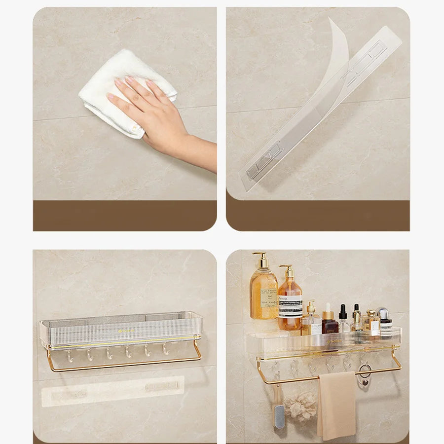 Wall Mounted Bathroom Wall Shelf with Towel Bar and 6 Hooks - Great for Bedroom Decor, Kitchen Storage , Bathroom Storage