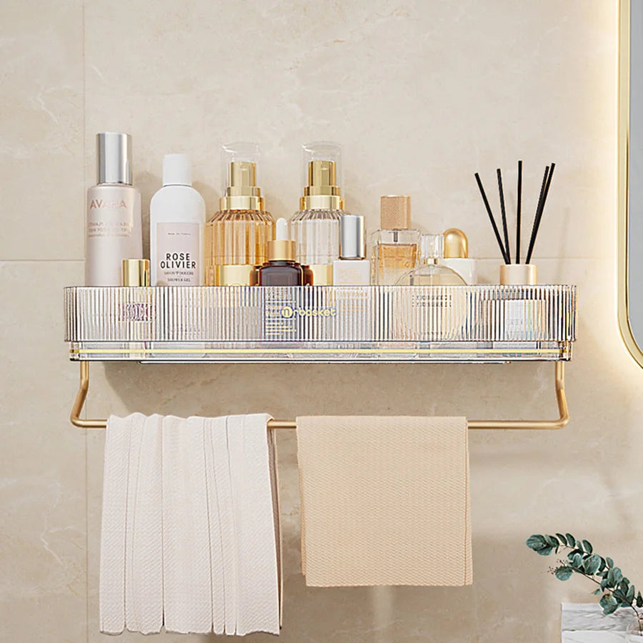 Wall Mounted Bathroom Wall Shelf with Towel Bar and 6 Hooks - Great for Bedroom Decor, Kitchen Storage , Bathroom Storage