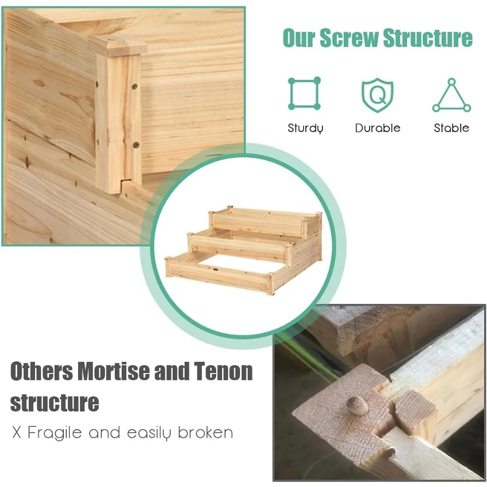 Giantex 3 Tier Raised Garden Bed, Outdoor Planter Box Vegetable Flowers Growing Box, Elevated Raised Bed Kit, Wood Planting Cont