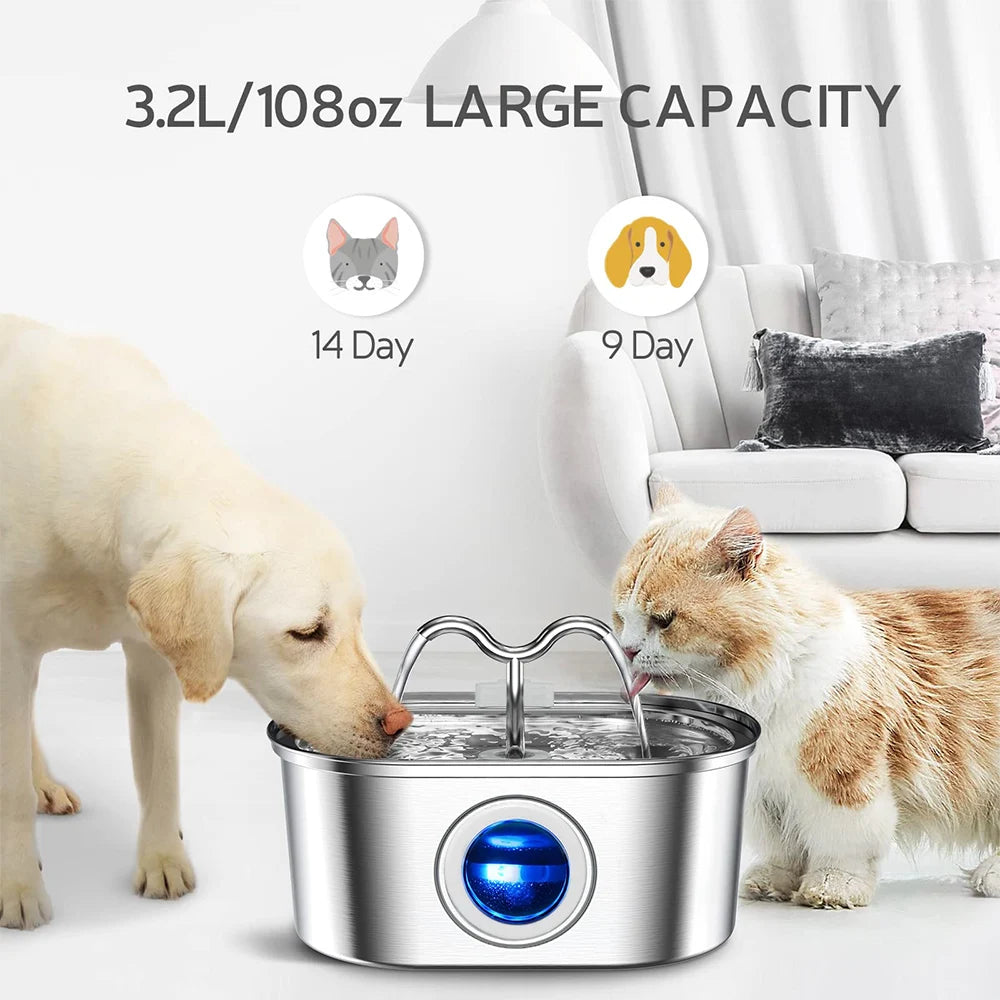 3.2L stainless steel pet water dispenser - a quiet filter pump powered by USB, smart drinking fountain for cats and dogs