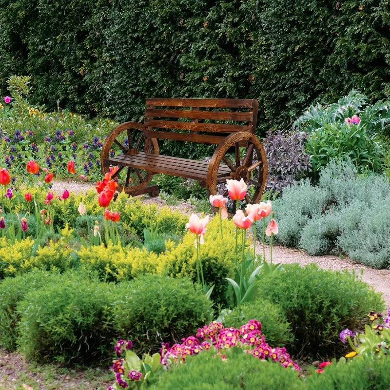 41" Rustic Wooden Wheel Bench Outdoor Bench,2-Person Patio Bench Wagon Slatted Seat,Garden Benches Outdoors 350lbs High Capacity