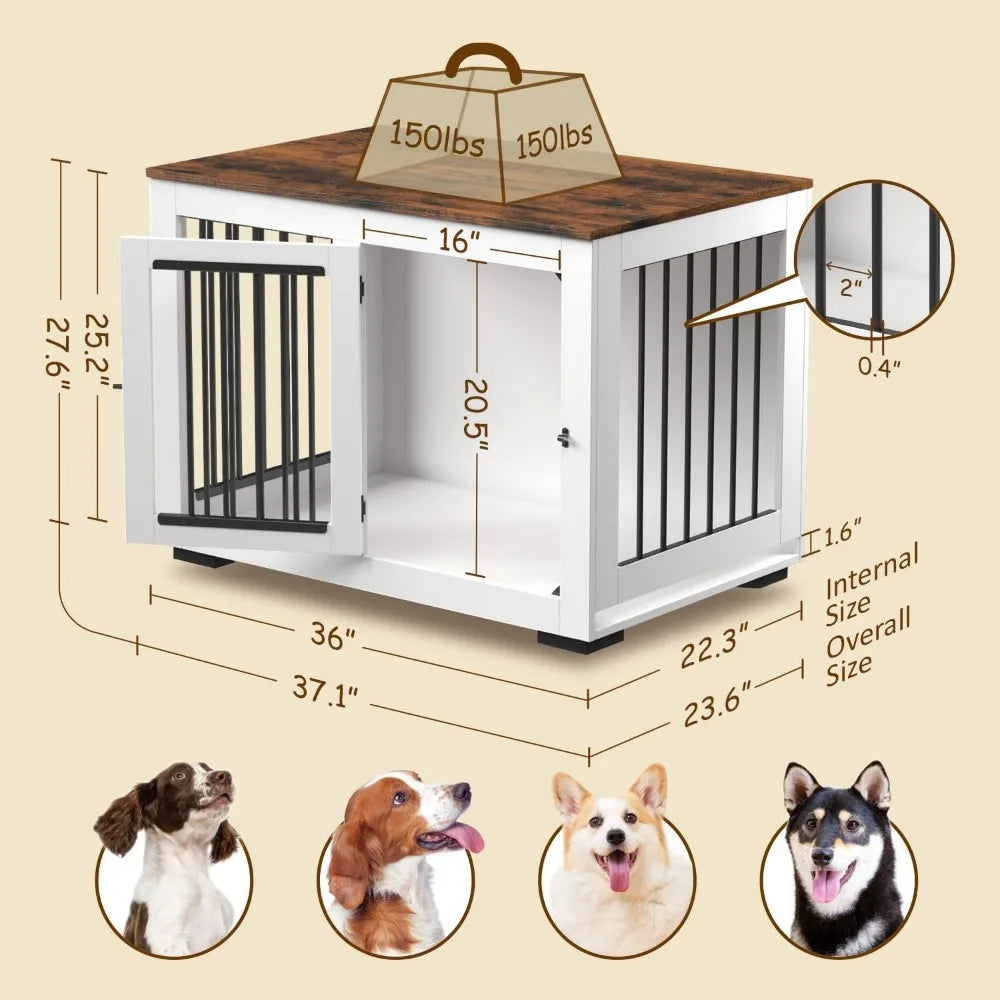Dog Crate Furniture for Large Dogs Up to 60 lbs. - Decorative Puppy Kennel w/Wide Farmhouse Table Top & Steel Bars - 37'' Wide