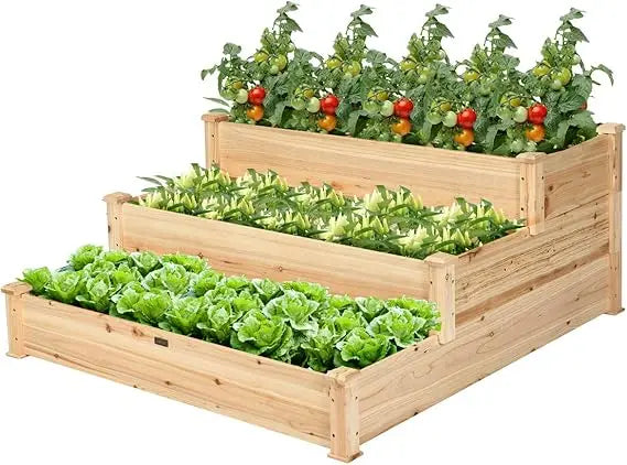 Giantex 3 Tier Raised Garden Bed, Outdoor Planter Box Vegetable Flowers Growing Box, Elevated Raised Bed Kit, Wood Planting Cont
